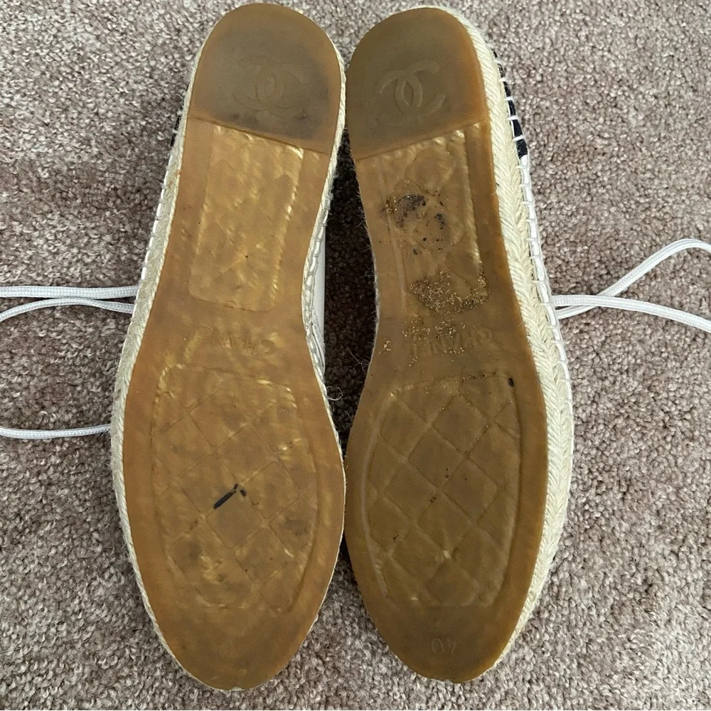 Chanel Two Tone Leather Canvas CC Logo Espadrille Lace Up High Top Sneakers